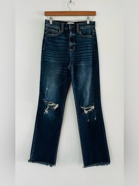 Sneak Peek Jeans Women’s 26 High Rise Distressed Cropped Flare Raw Hem Dark Wash